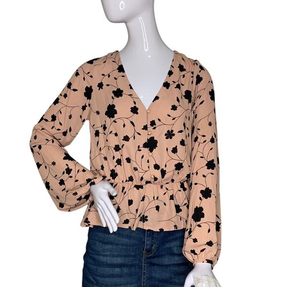 Sienna Sky Blouse Long Sleeve Peplum Dusty Rust Pink/Black Floral Print Size M - Picture 1 of 10